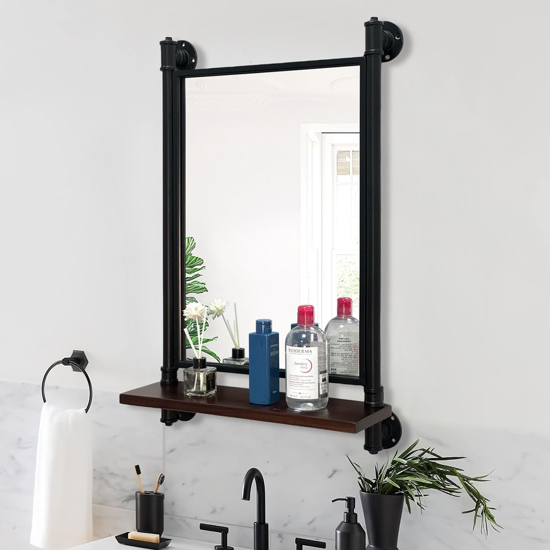 OLDRAINBOW Industrial Pipe Mirror Wood Shelves,Bedroom Mirror with Shelf,Rectangle Iron