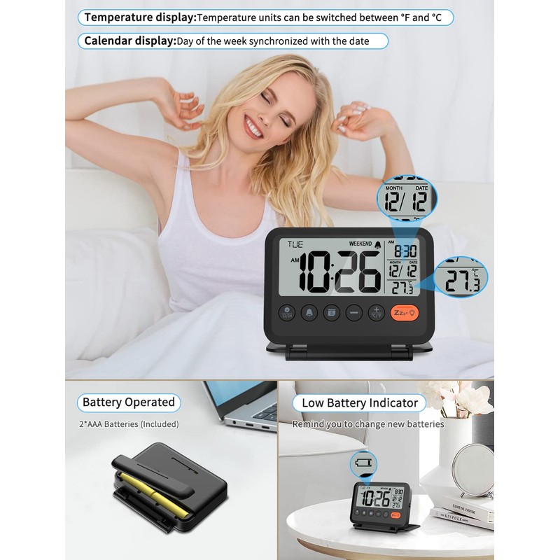 MeesMeek Digital Travel Alarm Clock, Black, 3.54 inch LCD Display,