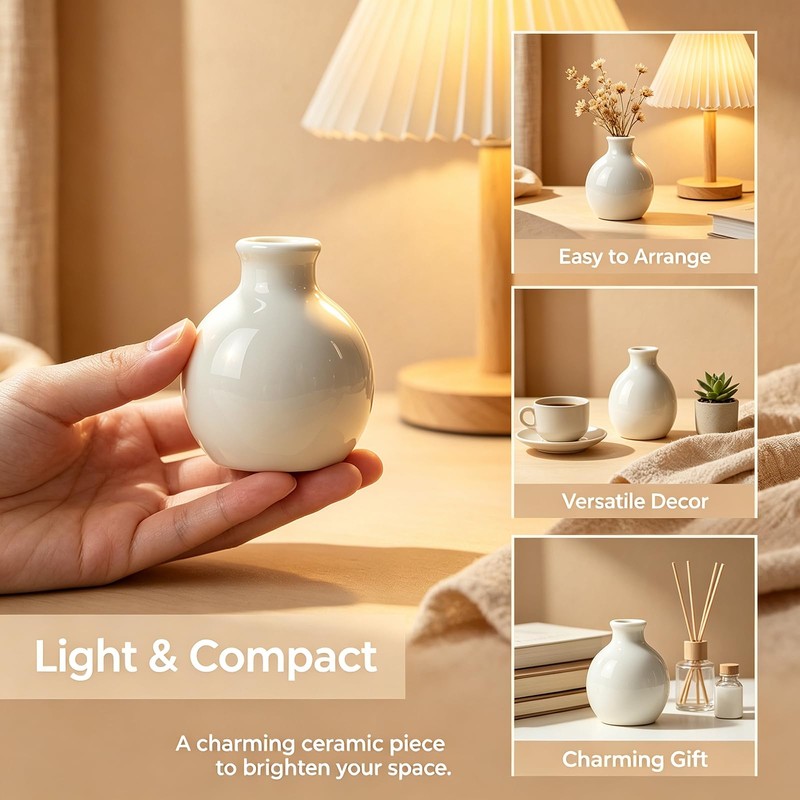 Mini White Ceramic Bud Vase Flat Round Glossy Table Decor