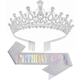 Papoopy Birthday Tiara and Crown with Sash for Women, Hair Accessories for Wedding Party Costume (B - Silver)