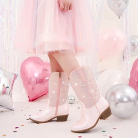 Motasha Girls Cowboy Cowgirl Boots Rhinestone Kids Sparkly Dress Boot Sparkle Little Girl Big Kid Toddler Mid Calf Zipper Party Birthday Christmas Dance(M7112 Pink 13)