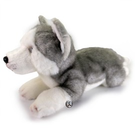 Husky ACE Sleigh Dog Cuddly Toy Plush Dog Lying Down Blue Eyes