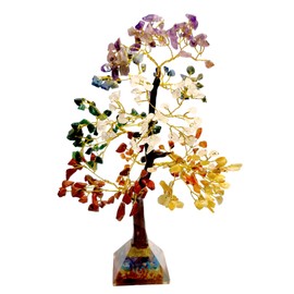 Sawcart Seven Chakra Crystal Bonsai Money Tree with Pyramid Base & 7 Chakra Tree of Life Pendant & Key Ring Natural Stone Combo Gemstone Feng Shui Home Office Decor Reiki Healing(10-12")