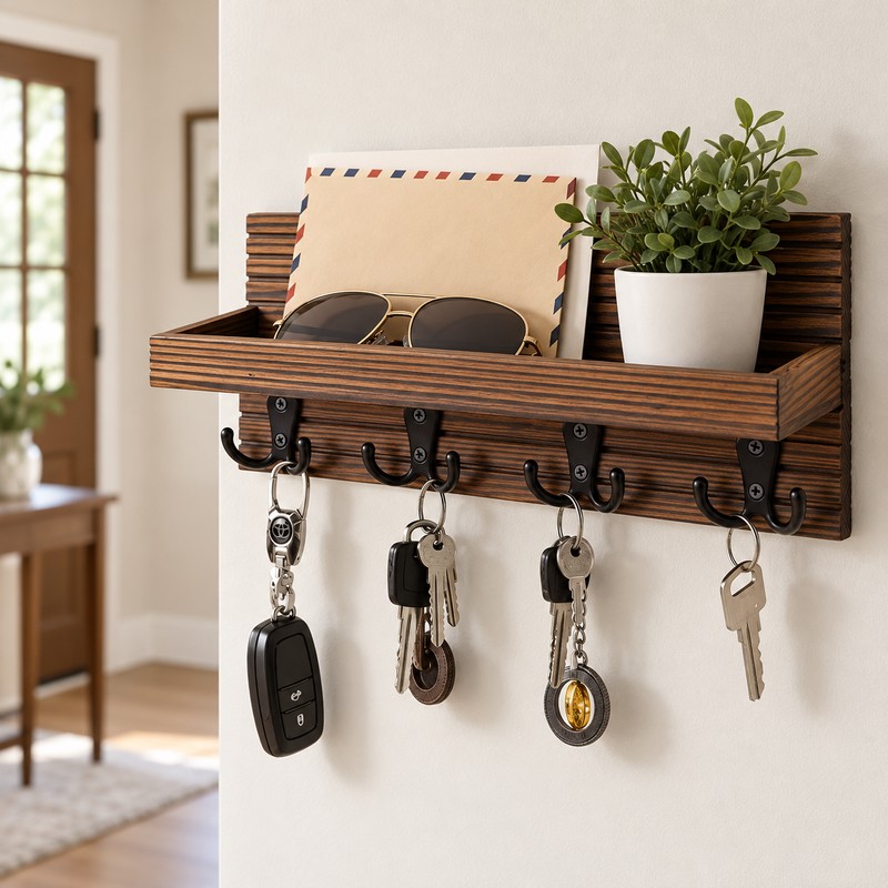 Wall Mounted Wooden Key Holder for Entryway Organization – Rustic