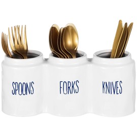Tideme Ceramic Spoon Fork Holder, Fork Chopstick Holder Can for Countertop, 3-in-1 Utensil Kitchenware Holder Organizer, Cutlery Organizer for Knife Fork Spoon