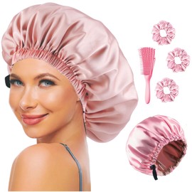 Satin-Mütze, Schlafmütze, Seidenkappe für lockiges Haar, verstellbar, wendbar, Silk Bonnet, Kamm Curly und Scrunchies, Geschenk für Frauen (Rosa)