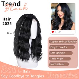 Lizzy Kurze gewellte Perücke 18 Zoll Mittelteil Lockige gewellte Bob Perücken für Frauen Natürlich aussehende synthetische hitzebeständige Faserperücke für den täglichen Partygebrauch (schwarz)