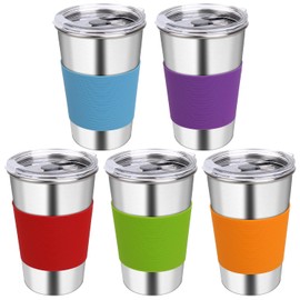 Rommeka Stainless Steel Cups for Kids, 16oz Reusable Drinking Cups Spill Proof Water Tumbler for Kids and Adults, Dishwasher Safe, 5 Pack