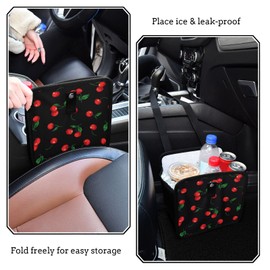 Oarencol Cherry Black Car Trash Can, Foldable Hanging Car Trash Bag, Watercolor Fruit Leaves Small Waterproof Car Accessories Garbage Bin