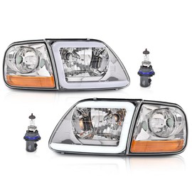 G-PLUS LED DRL Strip Headlights & Corner Parking Lights Fit Ford F150 1998-2003/Fit Ford Expedition 1997-2002/Fit 1997-1999 F250 Headlamps Clear Lens Chrome Housing Amber Reflector,faros delanteros