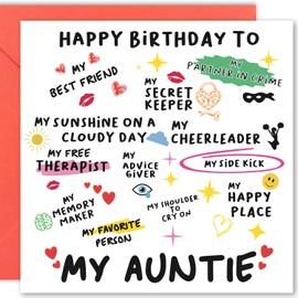 Cult Kitty Auntie Gifts - Auntie Birthday Card - Blank Inside with Matching Envelope - 15 x 15 cm - Perfect Auntie Birthday Gifts - Cute Design for Your Special Aunt