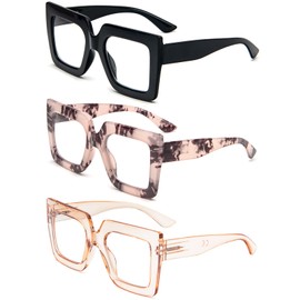 REAVEE 3 Pack Oversized Reading Glasses for Women Large Frame Extra Wide, Blue Light Blocking Readers Stylish Square Thick Eyewear, Black+Leopard Pink+Champagne, 2.5
