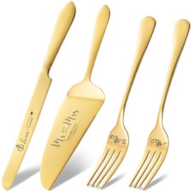Juego de corte de pastel dorado VARLKA para boda, juego de cuchillo y servidor para pastel de boda, juego de 4 cortadores de pastel y servidor de tarta para regalos de boda de Mr. y Mrs. (dorado)