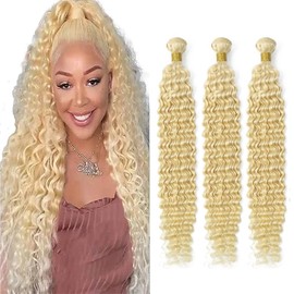 Niciitysi Color 613 Bundles Human Hair Blonde Deep Wave Bundles 10 12 14 inch Double Weft Brazilian Blonde Deep Curly Weave Extensions Soft and Silky for Women