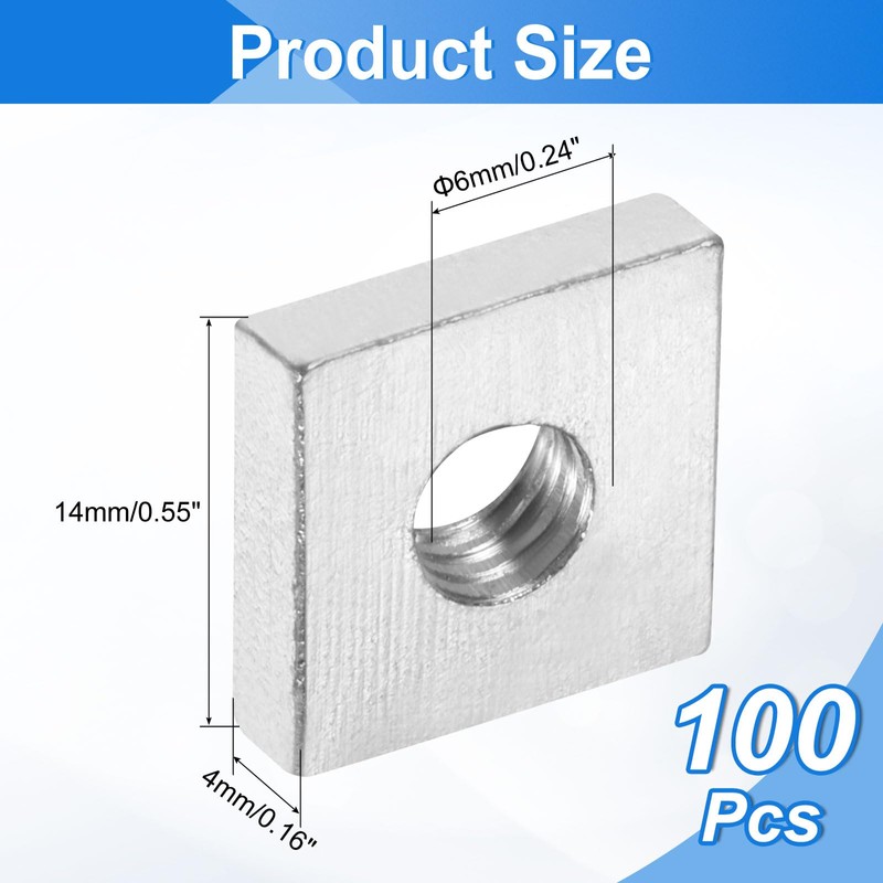 sourcing map 100Pcs M6x14mmx4mm Square Nuts, Carbon Steel Zinc Plated