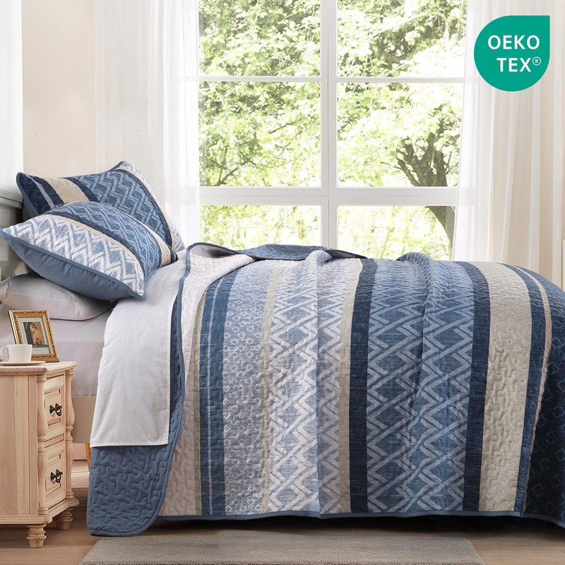Dinjoy King Size Quilt Set Boho, Soft Striped Bedspreads Blue