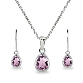 B. BRILLIANT Jewelry Sets for Women Alexandrite Necklace and Earrings Sterling Silver Simulated Purple Teardrop Bezel Short Pendant Necklace & Dangle Earrings