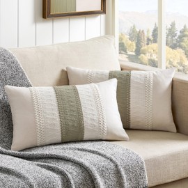 ZeeMart 2 Packs Cotton Boho Lumbar Throw Pillow Covers 12x20 Inch Contrast Dark Sage, Soft Farmhouse Decorative Couch Pillow Cases Sage Green Cushion Covers for Sofa Bed Living Room Home Decor