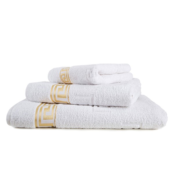 Arle-Living Luxury Medusa Guest Towels 30 x 50 cm in Pack of 4 - Finest Cotton/High Pile Terry Cloth with Medusa Flat Embossing and Golden Medusa Border (White, Pack of 4 Guest Towels 30 x 50 cm)