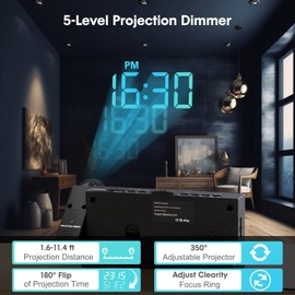 ROCAM Projection Alarm Clock, Projector Clock on Ceiling with USB Charge Port, Alarm Clock Projector for Bedroom with Dimmer, Loud Alarm Clock Bedside for Heavy Sleepers, Snooze