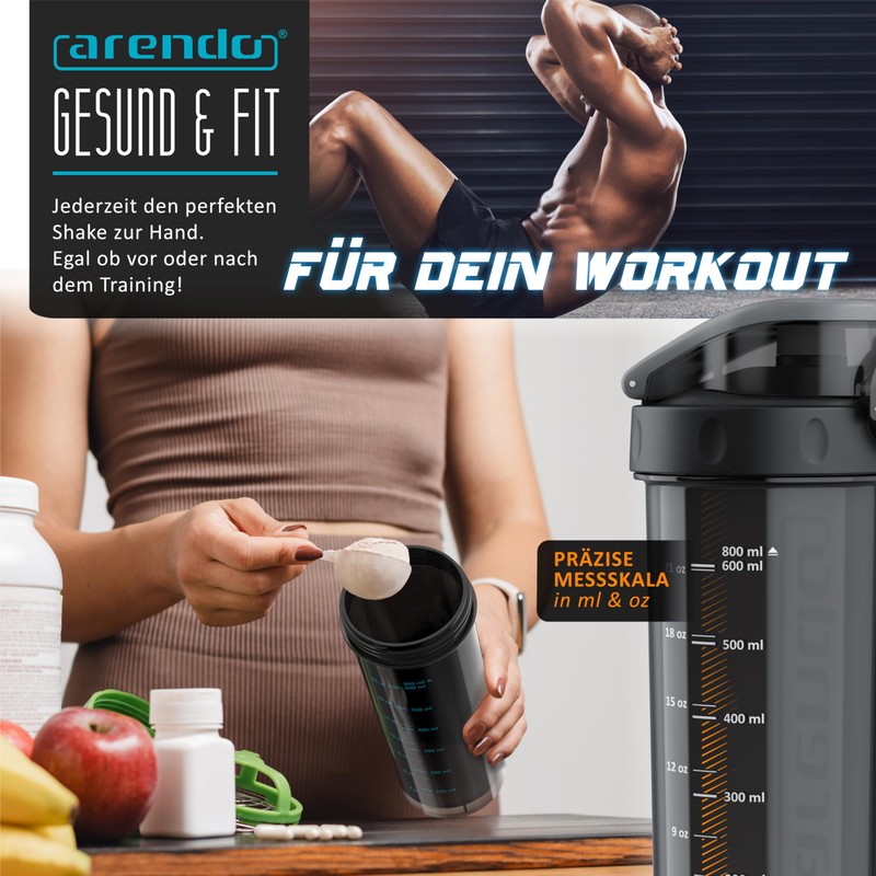 Arendo - Protein Shaker - 800 ml - Removable Lid