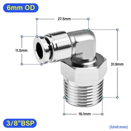 TAILONZ PNEUMATIC 304 Stainless Steel Elbow Male Thread 6mm Hose AD x 3/8 BSP Push Fit Fittings PL6-03 (Pack of 2)
