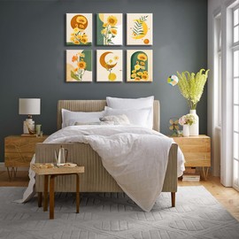 ZHJLUT Sunflower Decor Boho Wall Art - 6 Panels Yellow Moon and Sun Bohemia Minimalist Framed Painting Wall Pictures for Home Decoration for Bedroom Bathroom Living Room Decor 8x10inch Ready to Hang