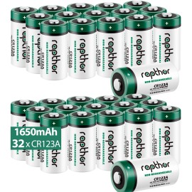 Rapthor 1650mAh CR123A 3V Lithium Batteries CR123 CR17345 Photo Battery for Flashlights Smoke Detector Alarm System Etc(32 Pack)Nominal Capacity: 1650mAh, Nominal Voltage: 3V
