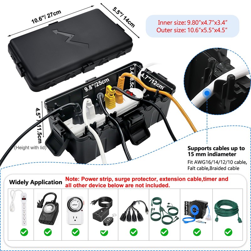 Hrensaw Medium Outdoor Electrical Box(10.6x5.5x4.5inch),IP54 Waterproof Extension Cord Cover w/6