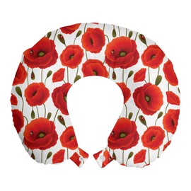 Ambesonne Poppy Flower Travel Pillow Neck Rest, Springs Ladybugs Animals and Plants Flora Fauna Nature, Memory Foam Traveling Accessory for Airplane and Car, 12", Orange Olive Green White
