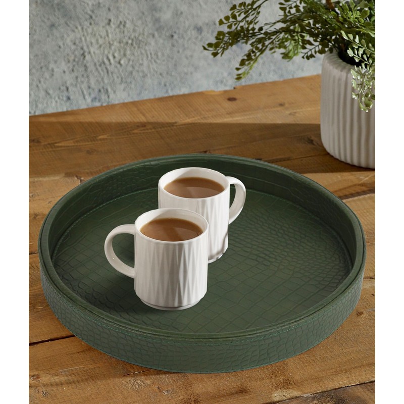 HofferRuffer Faux Leather Round Serving Tray, Vegan Croco Leather Decorative