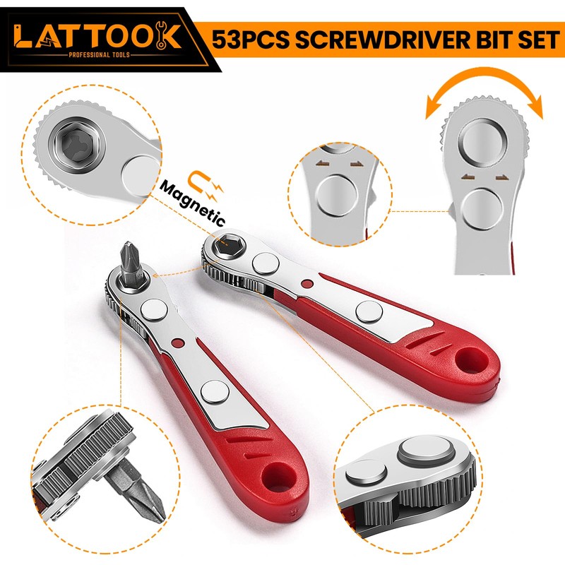 53-Piece Screwdriver Bit Set, LATTOOK Right Angle Low Profile 90