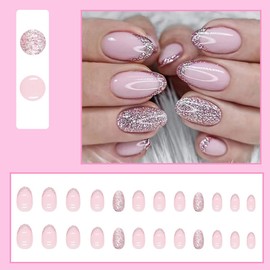 AkiliBIELY Almond Press on Nails Short Medium French Tip Purple Silver Pink Bare Nude Fake Nails Women Glue on Nails Acrylic Gel Stick on Nails Fantasy Classy False Nails Wedding Birthday
