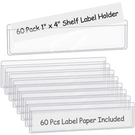 60 Pack 1.2" x 4.3" Self Adhesive Label Holders with 60Pcs Paper Label Inserts, Shelf Tag Label Holder Clear Pockets for Bookshelf Mailbox Shelves Storage Bins