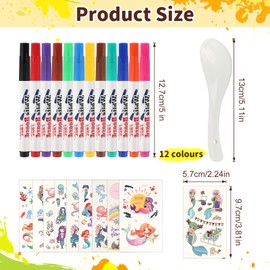 AILUYA Pack of 12 Magic Water Painting Pens, Magic Pens, Children's Creative, Magic Pen Washable, Pens with 1 Ceramic Spoon, 10 Mermaid Tattoo Stickers for Drawing Graffiti