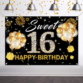 Happy 16th Birthday Backdrop Banner for Girl Sweet 16 Fabric Sign Poster Party Decoration, Black and Gold Photography Background 16th Birthday Party Supplies, 120x80cm