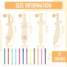 Pack of 12 Wooden Pirate Swords - for Painting, Creative Pirate Sabre Wooden Sword, Children's Pirate Sword, Wooden Craft Set, Gift, Carnival Gifts for Boys and Girls, DIY Painting Decoration