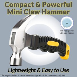 Mini Claw Hammer with Tape Measure, Stainless Steel Stubby Hammer with Non-Slip Grip, Compact & Durable, Handy Camping Tool Set for Indoor & Outdoor DIY, 1pc clawhammer + 1.5m Tape