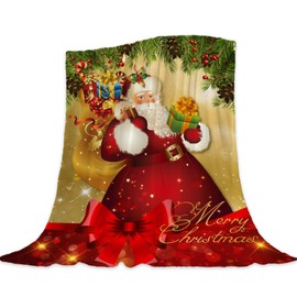 Neatee Living Christmas Large Throw Blanket Twin XL Size Red Gold Santa Claus Blanket Xmas Holiday Blanket Couch Sofa Bed Soft Lightweight Fuzzy Plush Fleece Blanket and Throws 66x90