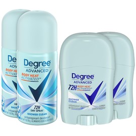 Degree Women’s Travel Deodorant Antiperspirant Bundle – Advanced 72H Protection Mini Sticks and Dry Sprays, Shower Clean Scent (4 Piece Set)