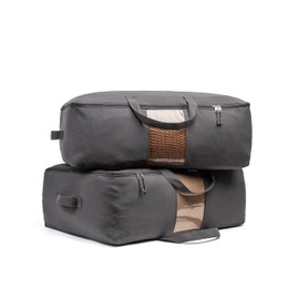 Soft Canvas Storage Bags with Zipper. Thick Breathable, 2pc King/Queen Comforter Organizer. Four Carrying Handles and Window. Large 25x19x9in Bag for Sheets Blankets Bedding Pillows, Clothes (Grey)