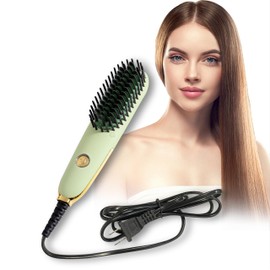 Doortian Mini Hair Straightening Iron with Built-in Comb for Travel, Portable Hair Straightener Brush, Ionic Hot Comb Straightener for Women (Green)