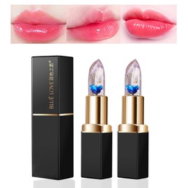 BLUE LOVE 2PCS Color Changing Flower Jelly Lipstick, Clear Lipstick with Flower Inside Temperature Change Lip Balm, Hydrating Lipstick Moistrurizer Long Lasting Lip Gloss (2Pc Blue)