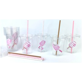 Pink Pickleball Party Cups, Disposable Plastic Cups with Lids & Straws for Bachelorette or Birthday, Set of 12