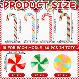 120 Pcs Mini Christmas Candy Cane Peppermint Ornaments Xmas Rainbow Fake Candy Decorations Tiny Candy Canes for Crafts No Hole Hanging Candy Cane Beads for DIY Scrapbooking (Multicolor,Cute Size)