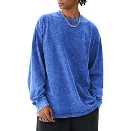 COZYPOIN Men's Acid Wash Tshirts Shirts Oversized Vintage Long Sleeve Pullover Crewneck Sweatshirt Blue