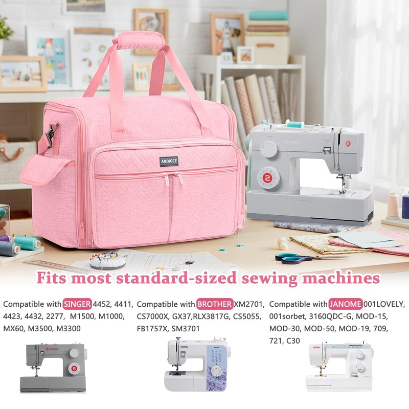 AMOIGEE Full-Open Sewing Machine Case with Wheels, Large Rolling Sewing
