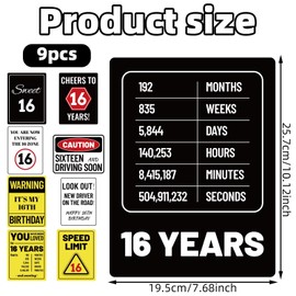 9pcs 16th Warning Birthday Party Decorations, Birthday Wall Signs Funny Tags Teenager Decor with Caution Logos for Sweet 16 Years Old Teen Boys & Girls Photo Props Door Window Posters