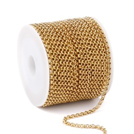 33FT 18K Gold PVD Plated Rolo Chains Roll, 2.5mm Gold Stainless Steel Round Rolo Chain Spool Bulk for Jewelry Making