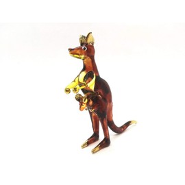 Mr_air_thai_Glass_Blown Tiny 3" Long Brown Yellow Standing Kangaroo with Baby in Pouch Figurine - Miniature Hand Blown Glass Kangaroos Joey Animals Crystal Decorative Collectible Figurines Décor Gifts